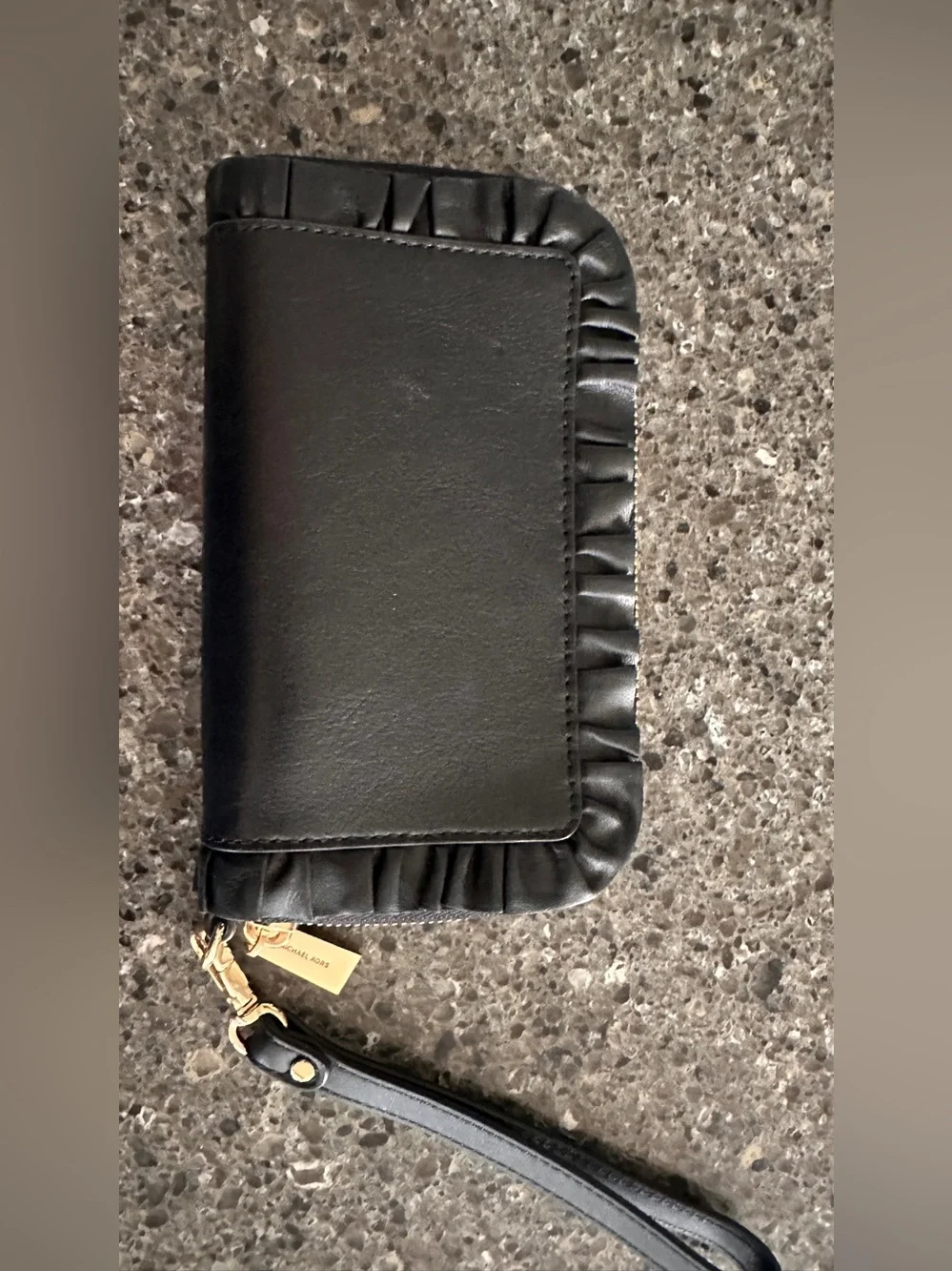 Michael Kors Black Leather Ruffle Wristlet Wallet with Gold Hardware